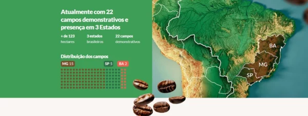mapa com os locais que possuem campos demonstrativos do Grão de Vittia, MG 15, SP 5, BA 2.